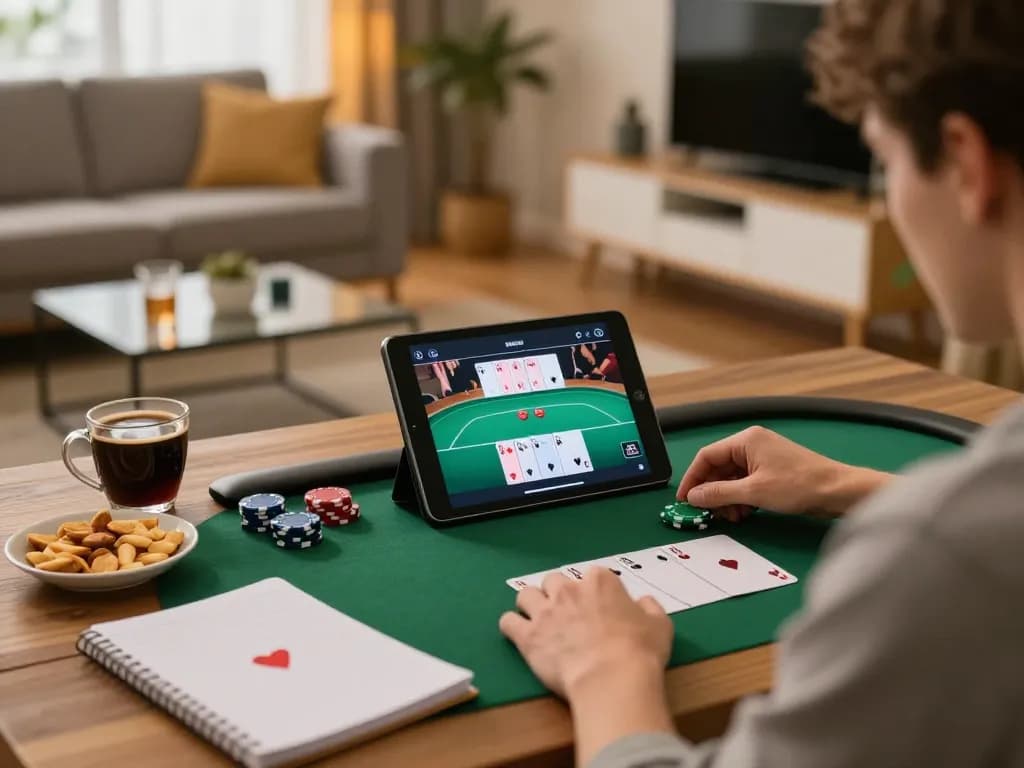 Engaging home gaming setup for fly88 đăng nhập showcasing poker gameplay on tablet in a cozy atmosphere