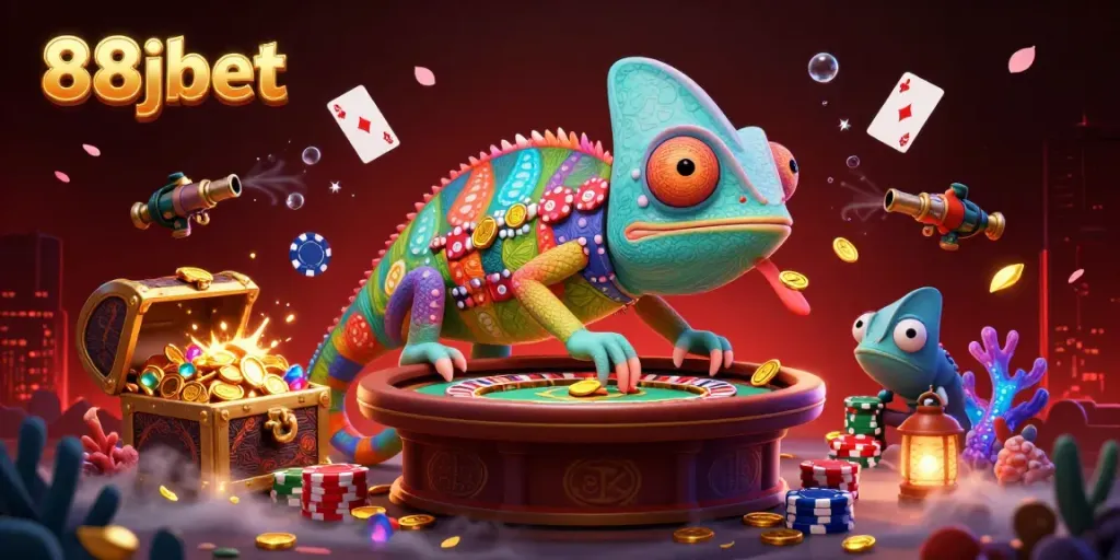 Engage with the vibrant 88jbet online casino adventure led by a chameleon character amidst cascading treasures.