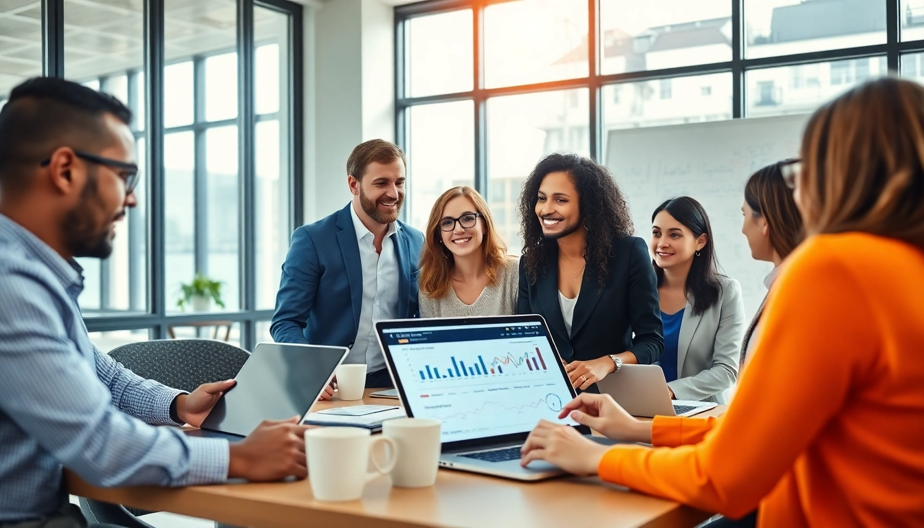 Designing a hubspot marketing email strategy with a professional marketing team in a modern office.