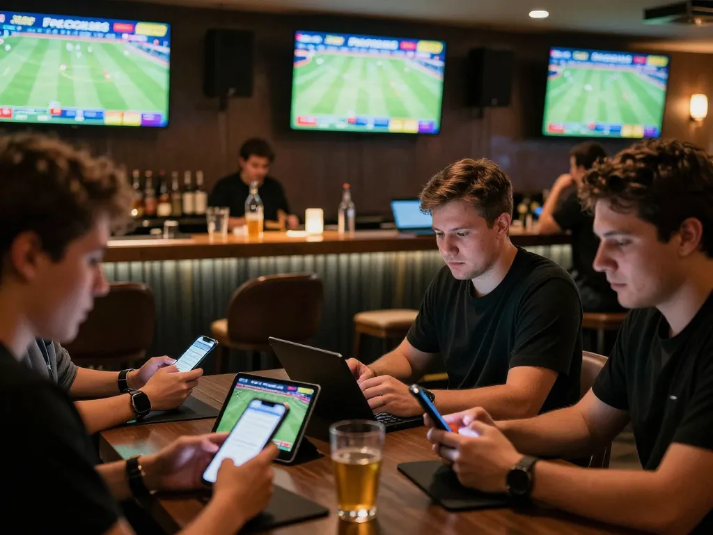 Engaged bettors analyzing odds at Freecuci365 in a vibrant sports betting lounge.