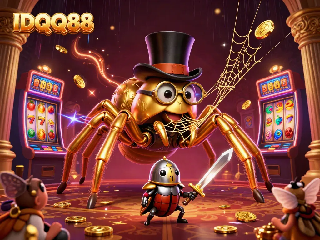Experience excitement with IDQQ88 featuring a giant golden tarantula in a casino-themed scene.