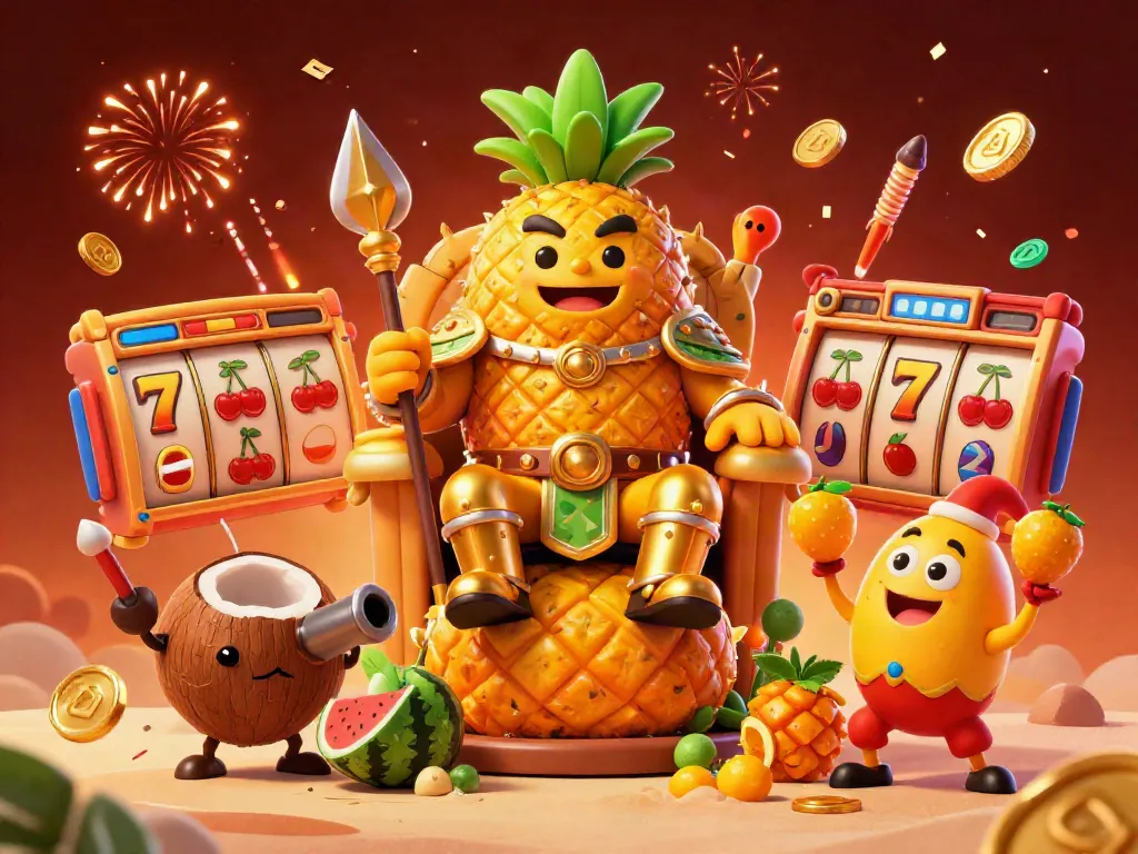 Experience the vibrant gaming action of 9bet with a dynamic scene featuring a pineapple king and colorful slot elements.