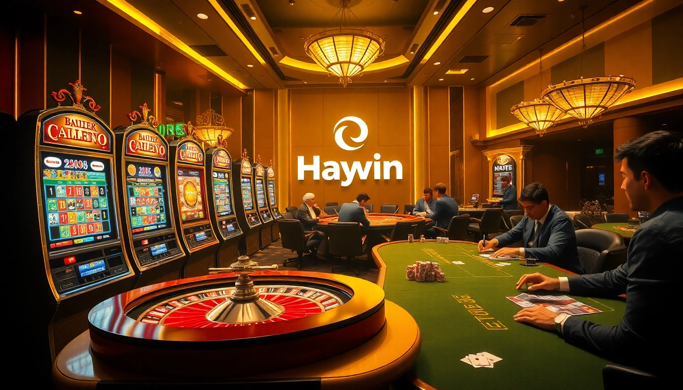 Haywin casino scene showcasing players winning at vibrant slot machines and engaging poker tables.