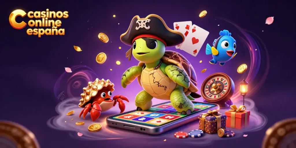 Ilustración 3D de casinos online españa con una tortuga pirata, un cangrejo y un pez loro entre tesoros.
