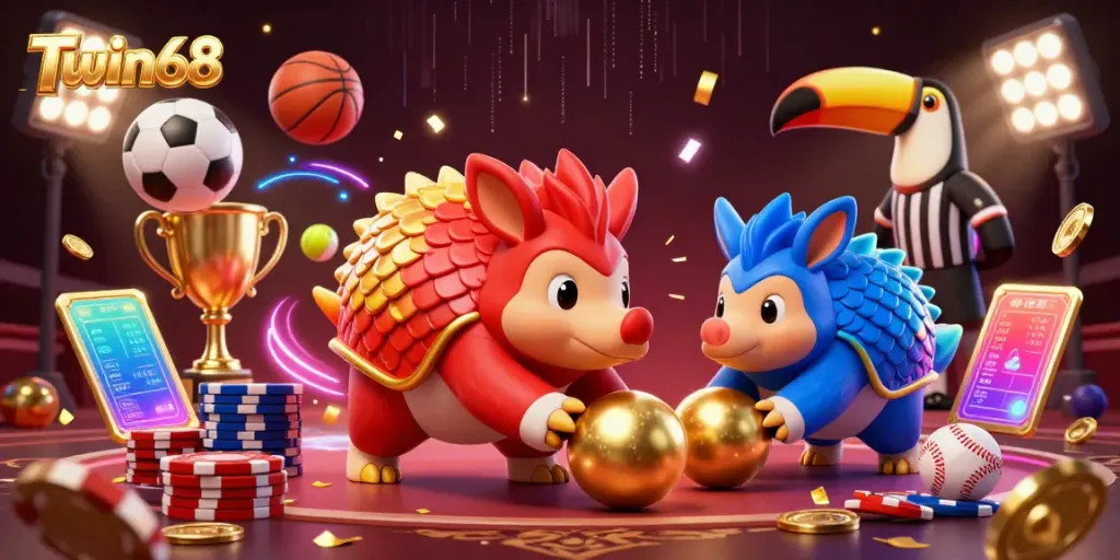 Twin68 pangolins in a dynamic casino scene bowling with poker chips and sports elements.