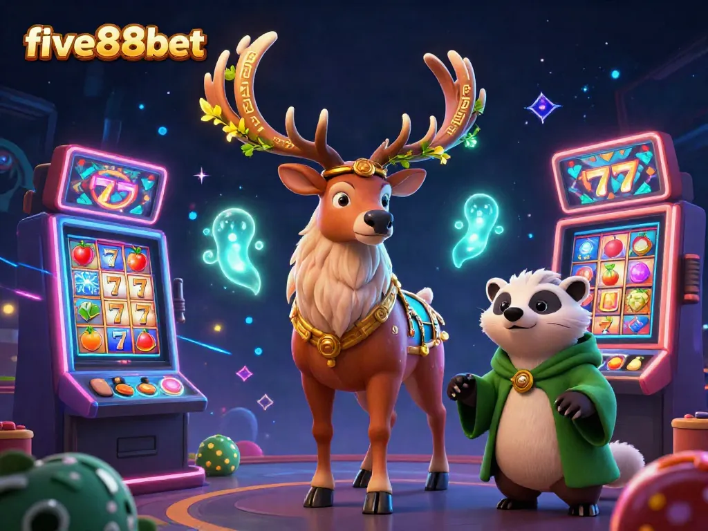 Experience the vibrant five88bet online casino with 3D druid stag and colorful slot machines.
