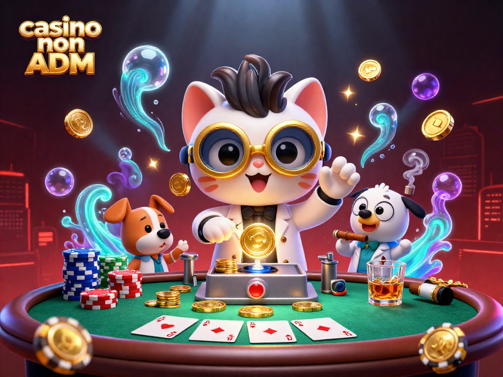 Gioca nel casino non ADM con un gatto scienziato e il suo assistente, circondati da tavoli da poker e fiche colorate.