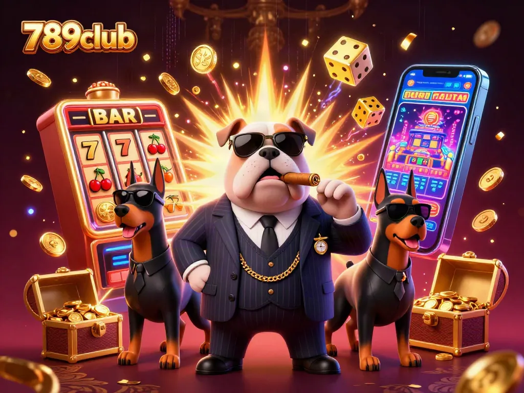 Experience the thrill of 789club with a mafia boss and winning slot scene in a crowded casino atmosphere.