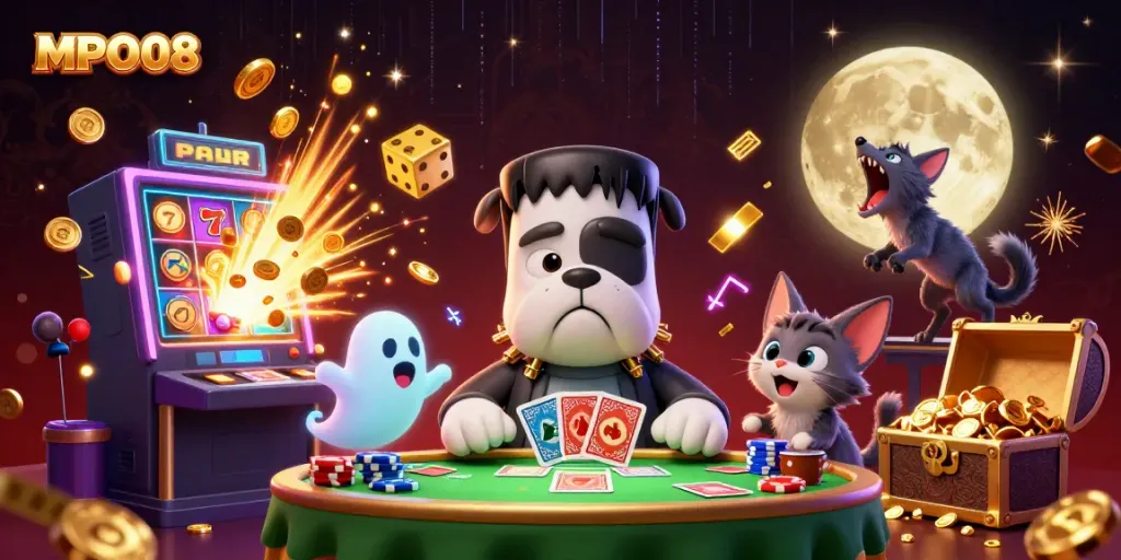 Engage in thrilling MPO08 casino card games with a spooky cartoon scene featuring a bulldog dealer and ghostly elements.