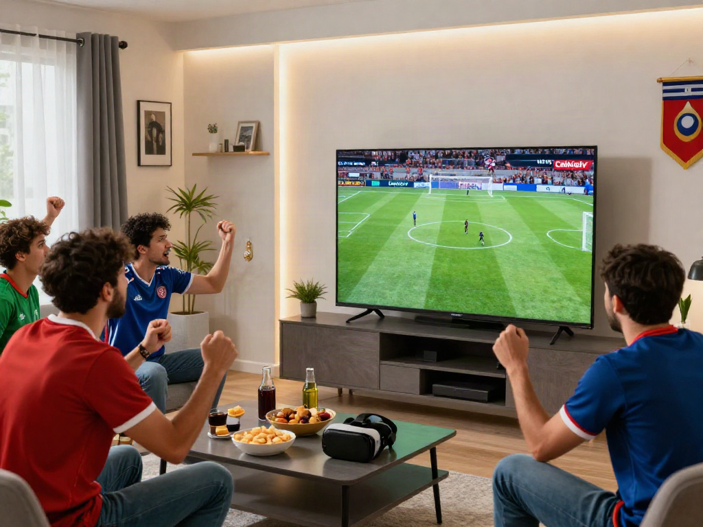 Excited fans watching live football at home through https://cakhiatvvn.jpn.com/ with vibrant atmosphere.