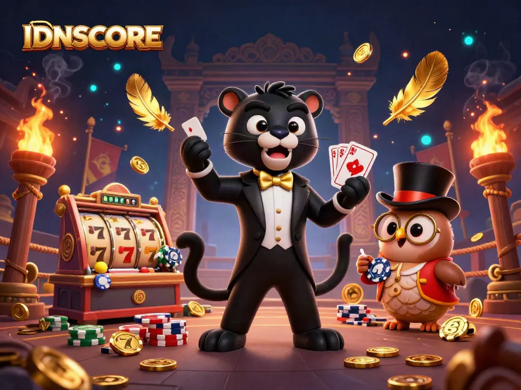 Experience thrilling slots with IDNSCORE featuring a black panther dealer, owl, and lucky mouse.