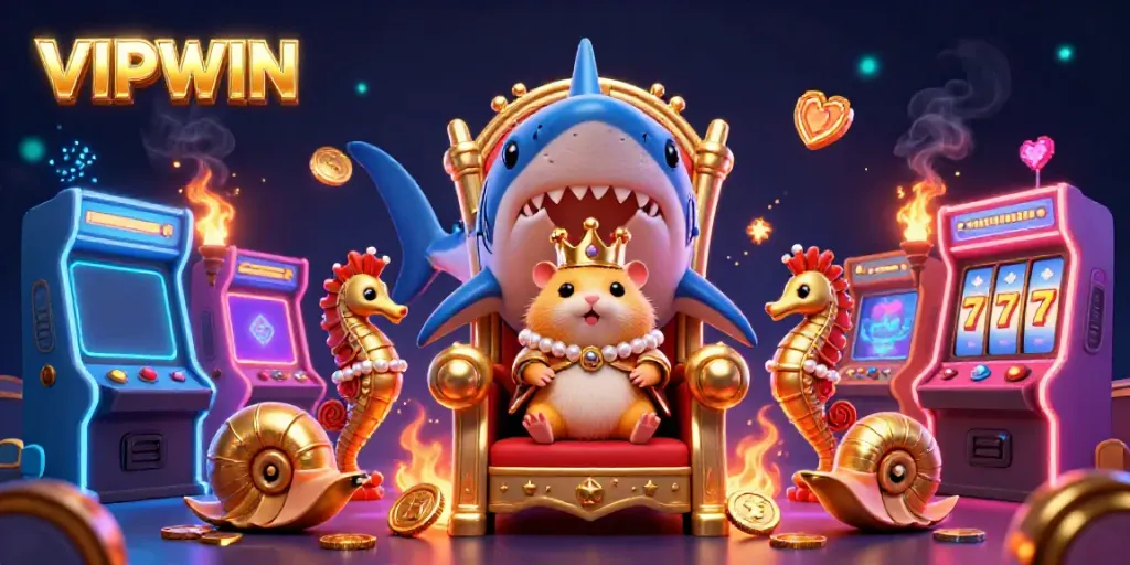 Experience VIPWIN with an epic 3D casino scene featuring a hamster king and gaming elements.