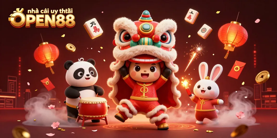 Experience the excitement of nhà cái uy tín OPEN88 with vibrant 3D symbols and characters celebrating in style.