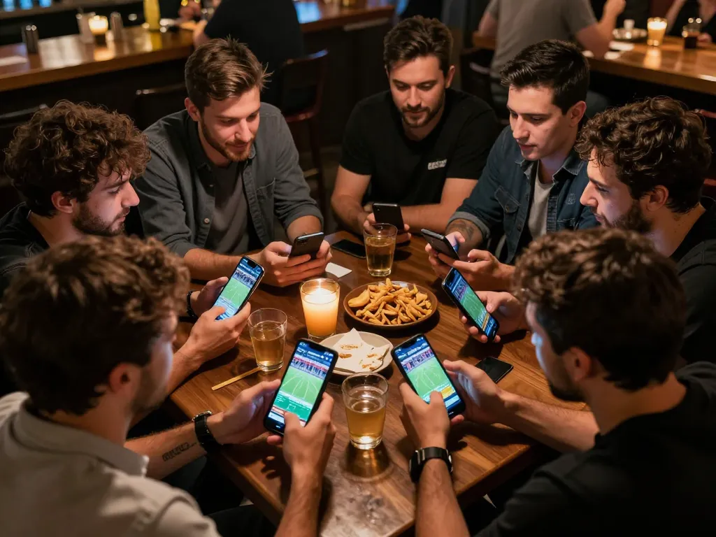Appassionati che interagiscono con l'app di scommesse siti scommesse non AAMS durante un evento sportivo dal vivo in un bar vivace