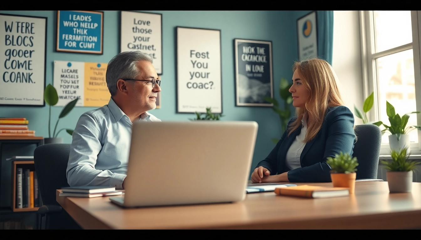 Career coaching session with a professional coach guiding a client in a warm office.