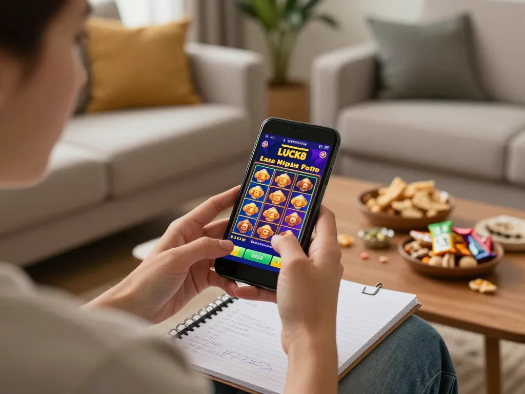Engaging with LUCK8 mobile app during a cozy at-home gaming session, highlighting casual gambling strategy.