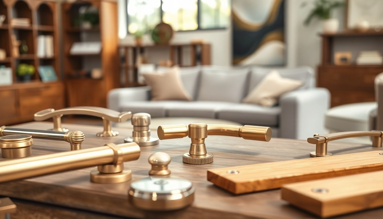 Showcase of furniture hardware supplier with high-quality materials in a stylish setting.