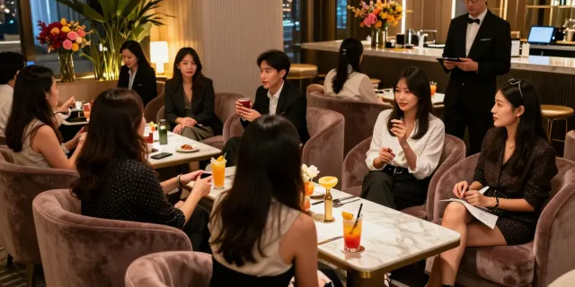 강남 타이밍에서 즐거운 분위기의 손님과 호스트가 있는 현대적인 라운지 모습