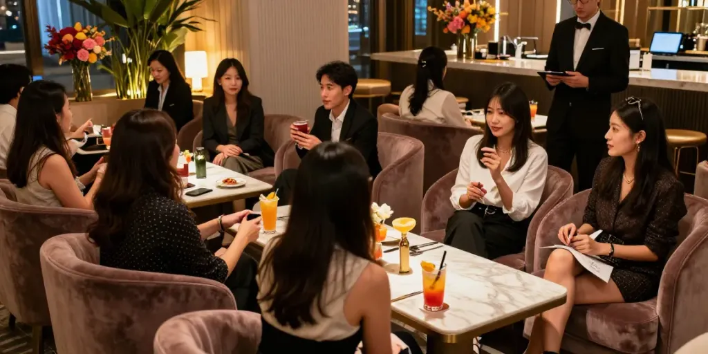 강남 타이밍에서 즐거운 분위기의 손님과 호스트가 있는 현대적인 라운지 모습