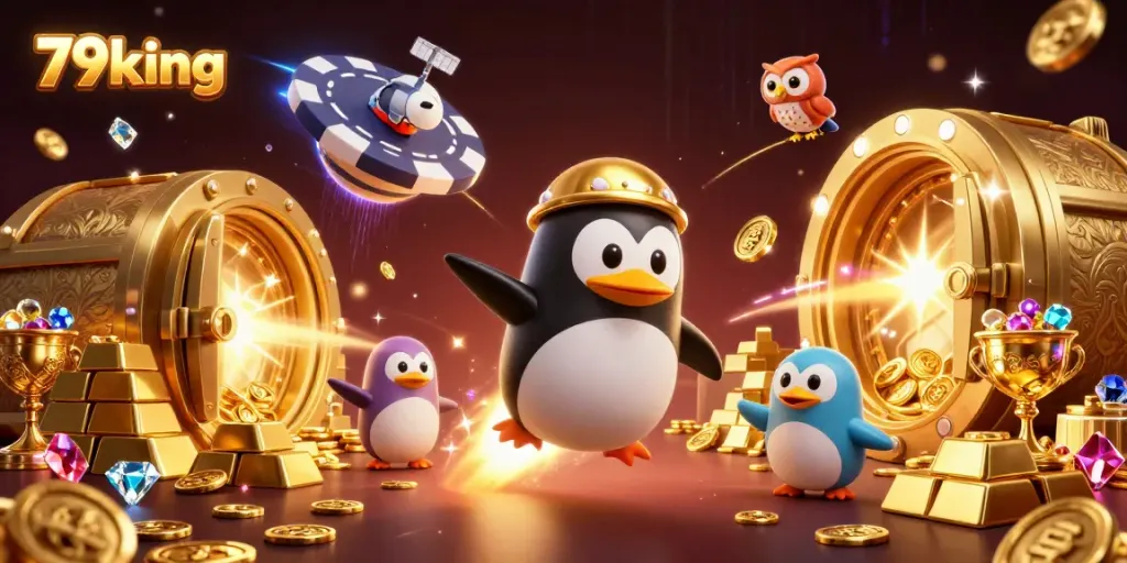 Experience 79king's thrilling games with a vibrant 3D illustration showcasing a golden penguin and a casino-themed space.