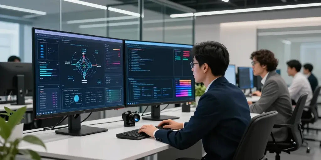 Data scientist analyzing enterprise AI models in a modern tech workspace.