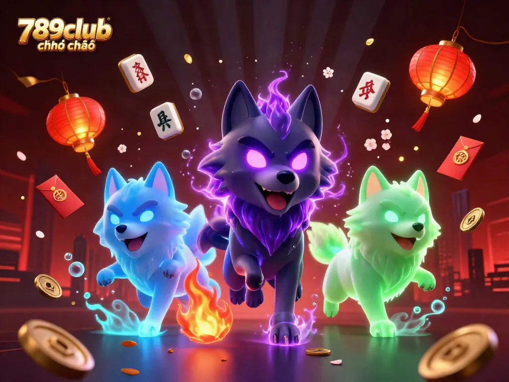 Experience 789club chính chủ with glowing wolf leaders, interactive games, and vibrant symbols in this casino illustration.