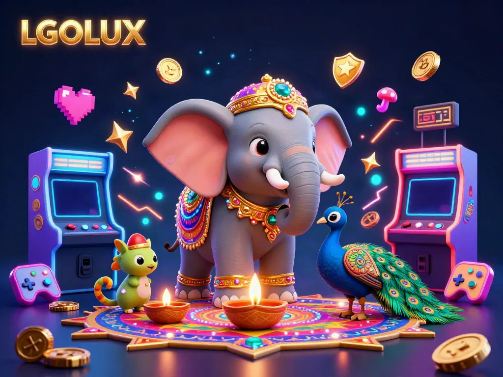 Engage with LGOLUX's vibrant casino world featuring a colorful elephant and gaming machines.