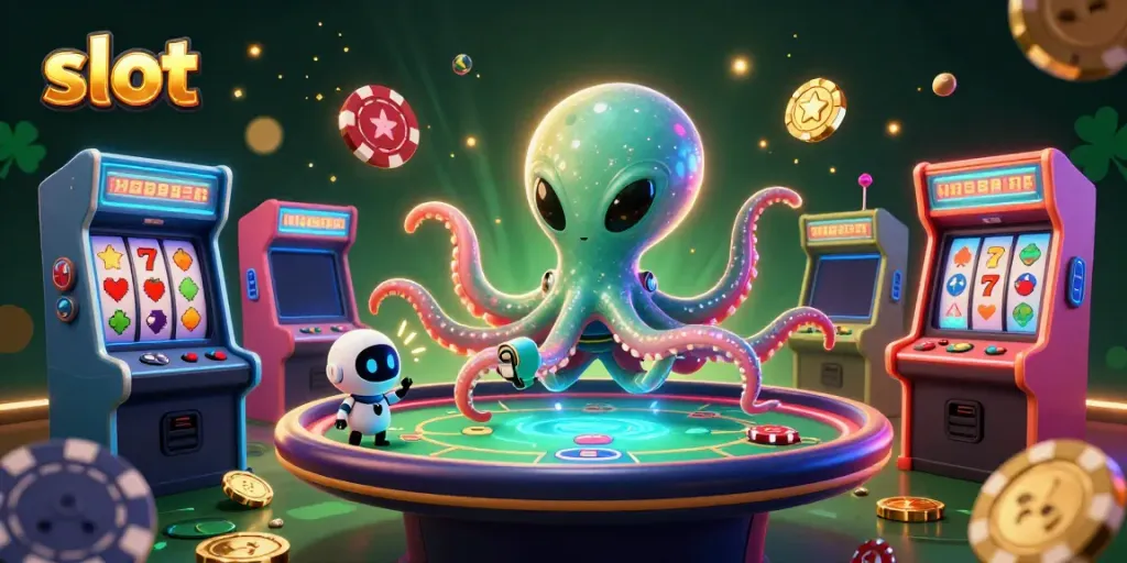Spin the reels of the slot in an engaging alien-themed casino illustration.