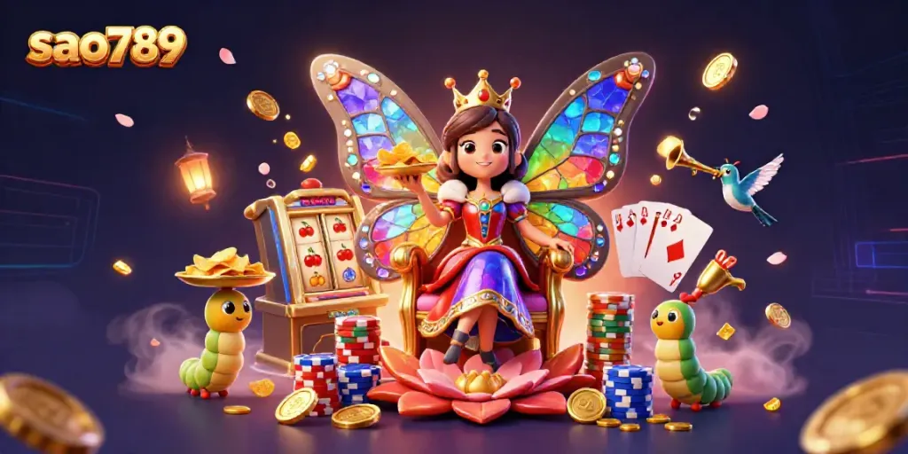 Experience the thrill of luck with the vivid gaming scene at sao789, featuring animated characters, vibrant colors, and dynamic casino elements.