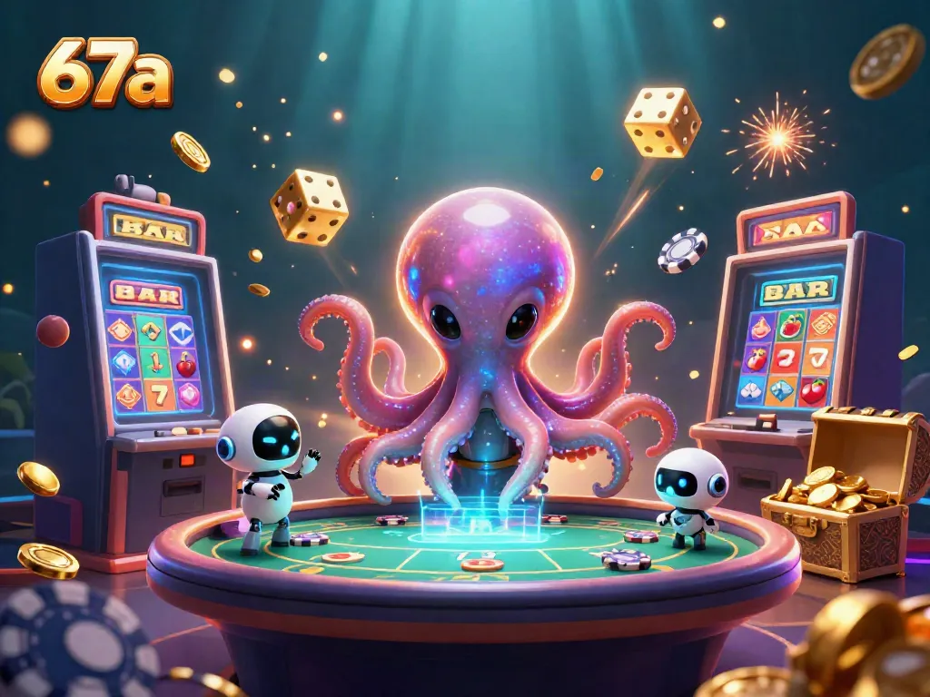 Experience vibrant gaming action in a futuristic casino scene with 67a's dynamic characters.