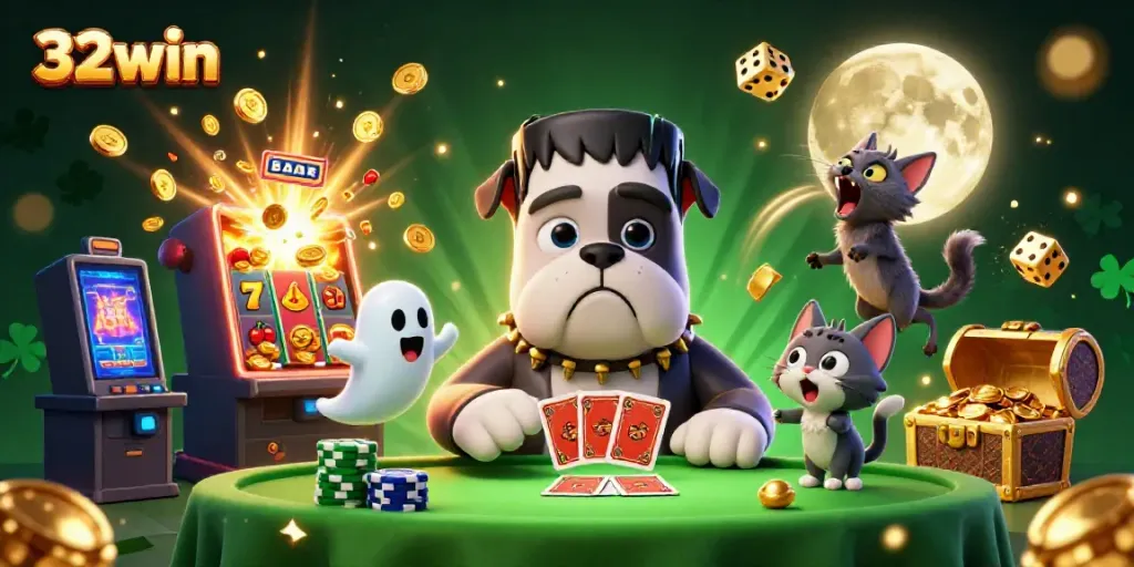 Experience the excitement of 32win with a vibrant 3D casino scene featuring engaging characters and dynamic game elements.