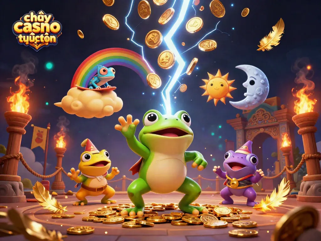 Chơi casino trực tuyến hấp dẫn với hình ảnh kỳ ảo từ chú ếch và tắc kè trên một đám mây vàng.