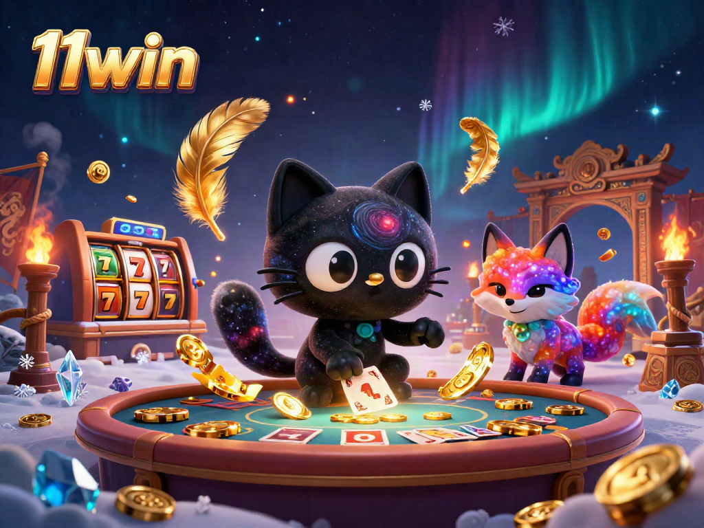 Experience thrilling gameplay with 11win in this vibrant cosmic casino scene featuring animated characters and game elements.