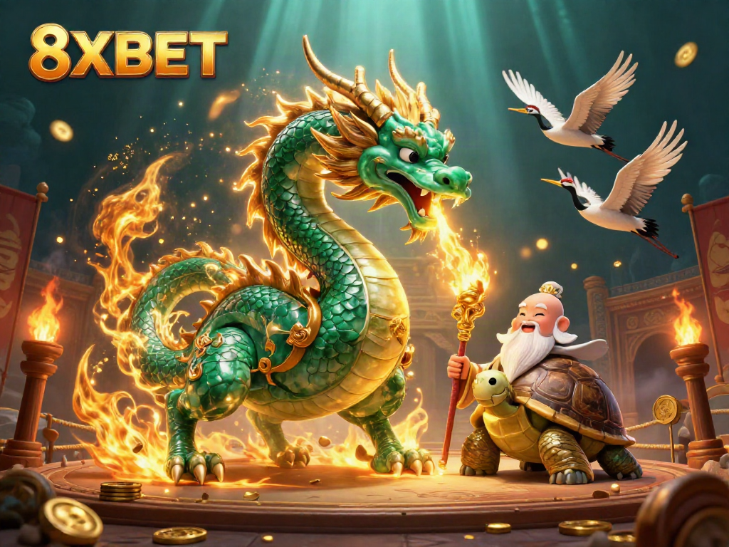 Experience thrilling bets with 8XBET amidst a vibrant 3D illustration of luck and fortune.