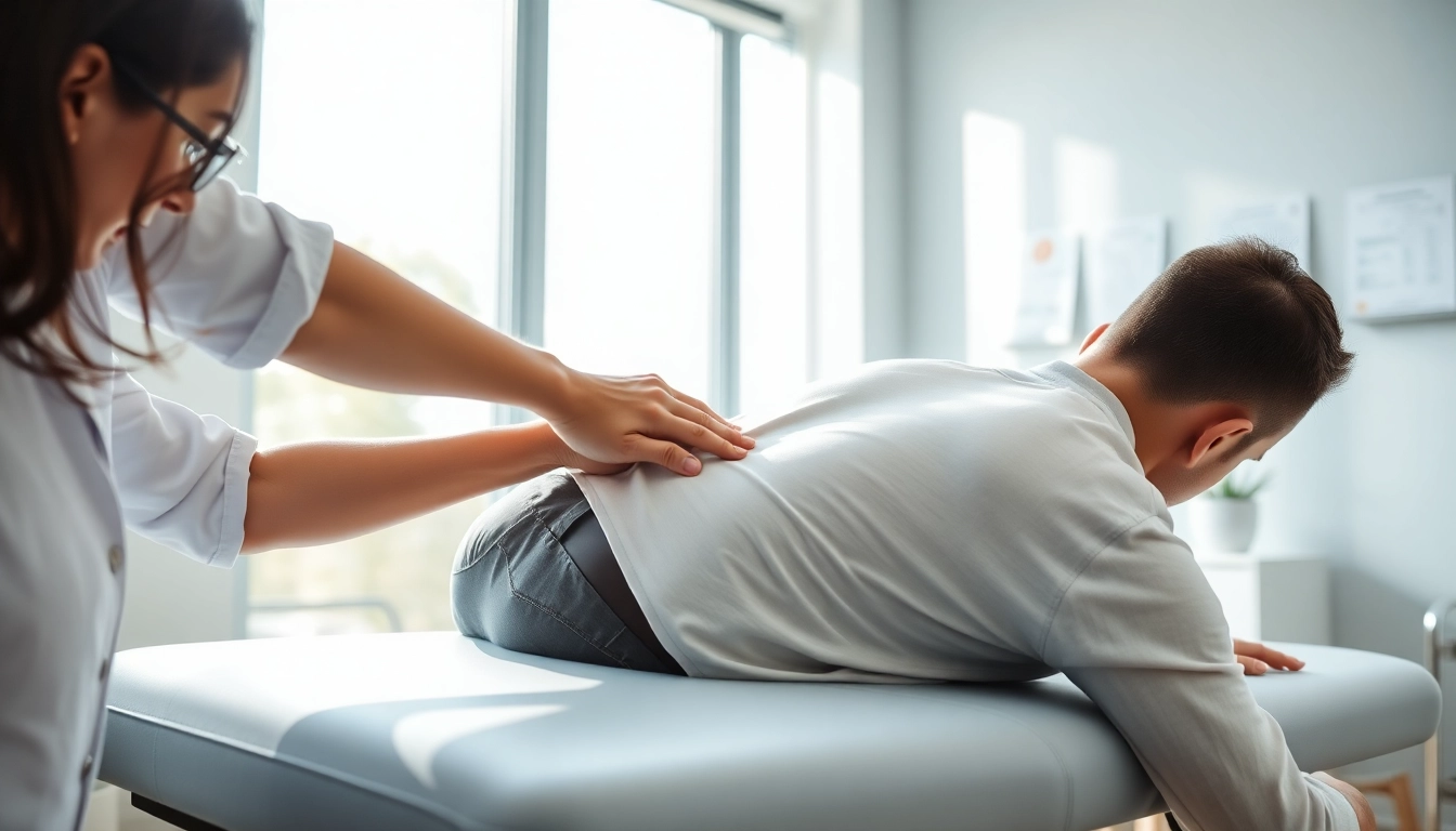 Chiropractor demonstrating techniques for relieving back pain in a modern clinic.