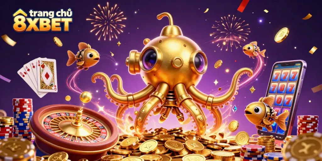 Experience thrilling gameplay at trang chủ 8XBET, showcasing vibrant casino elements and a dynamic golden kraken submarine.
