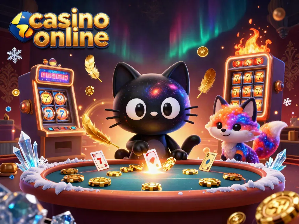 Gioca e vinci nei migliori casino online con questa illustrazione 3D di un gatto al buco nero e una volpe nebulosa.