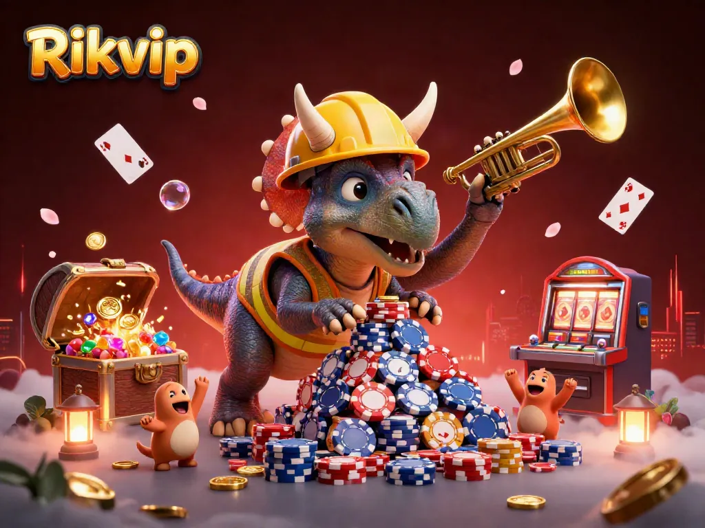 Engage in thrilling gameplay at Rikvip with an exhilarating illustration featuring dynamic casino elements and vibrant characters.