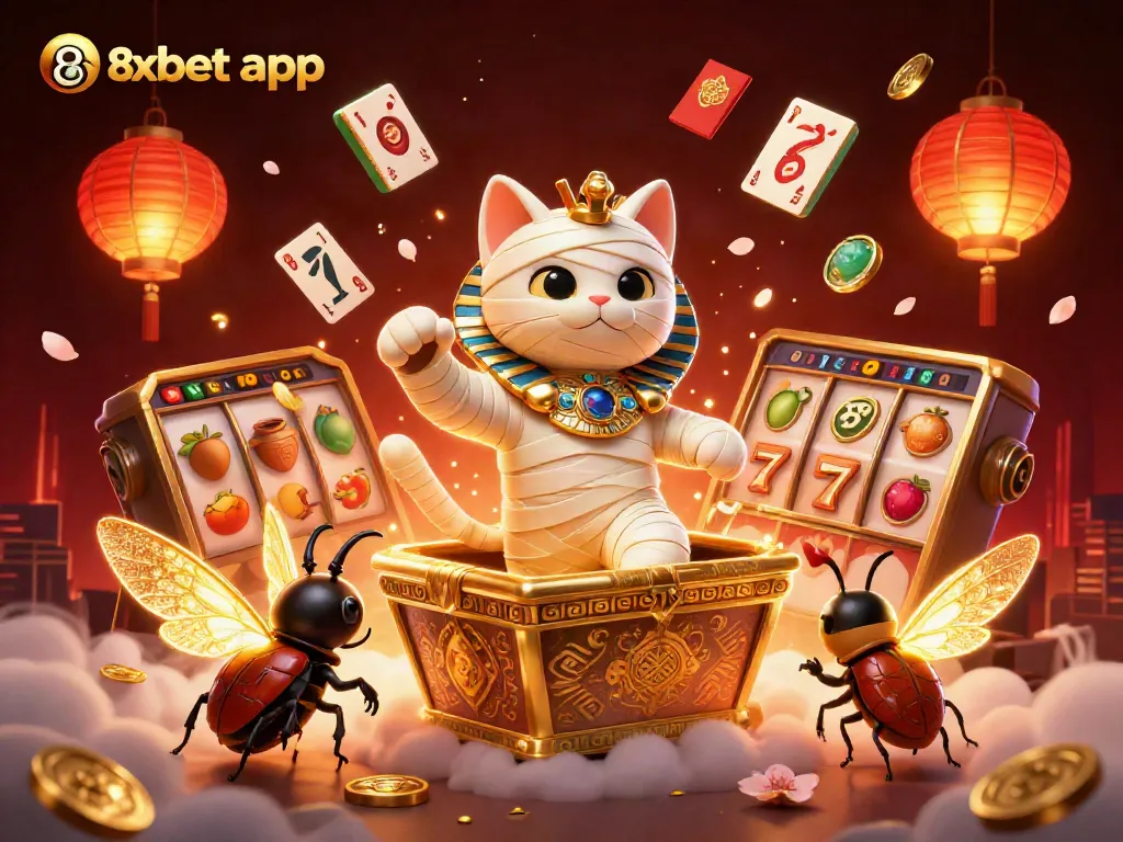 Play the 8xbet app with vibrant characters celebrating winnings in a dynamic casino environment.