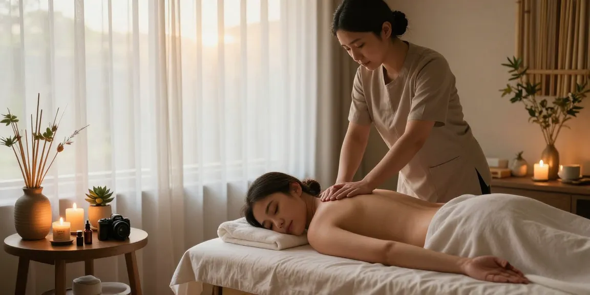 Woman receiving a relaxing 파주출장마사지 in a tranquil therapy room with soft lighting.