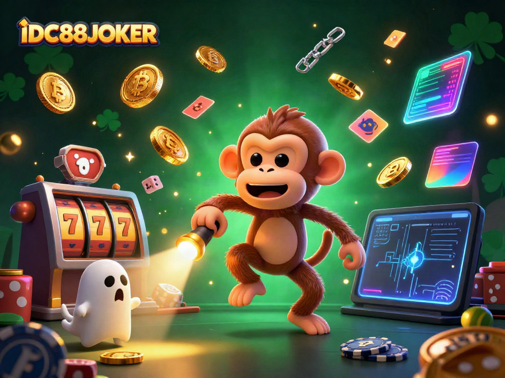 Engaging scene at IDC88JOKER casino featuring a playful monkey and curious puppy among slot reels and cryptocurrency elements