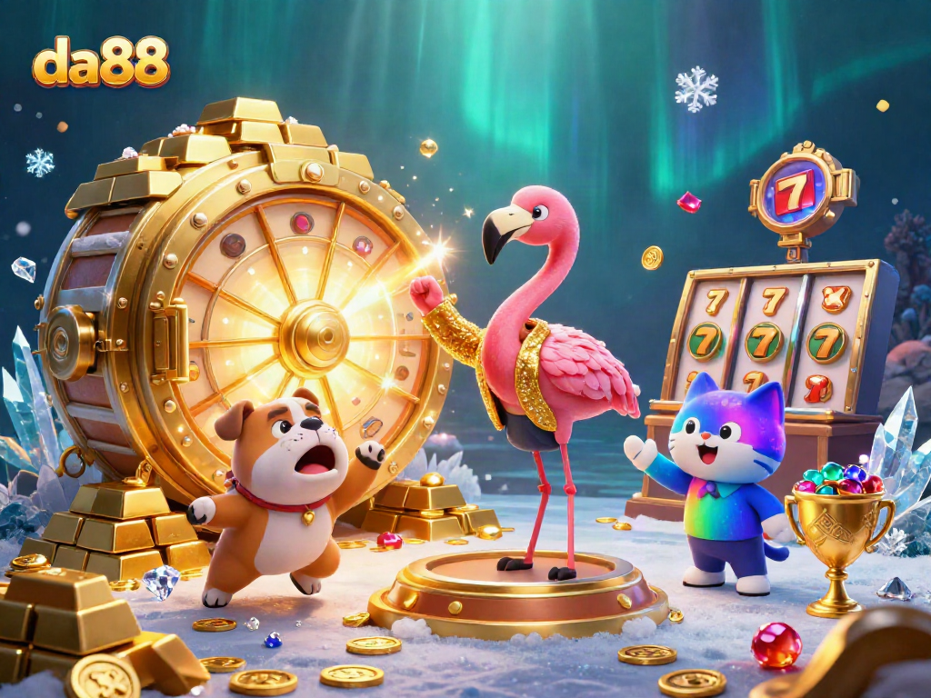 Experience the thrill of da88 as a flamingo host spins the jackpot wheel amidst golden treasures and excitement.
