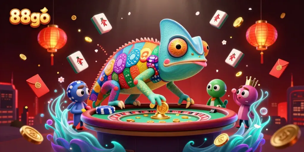 Play at 88go casino with vibrant chameleon owner amidst golden coins and festive decorations.