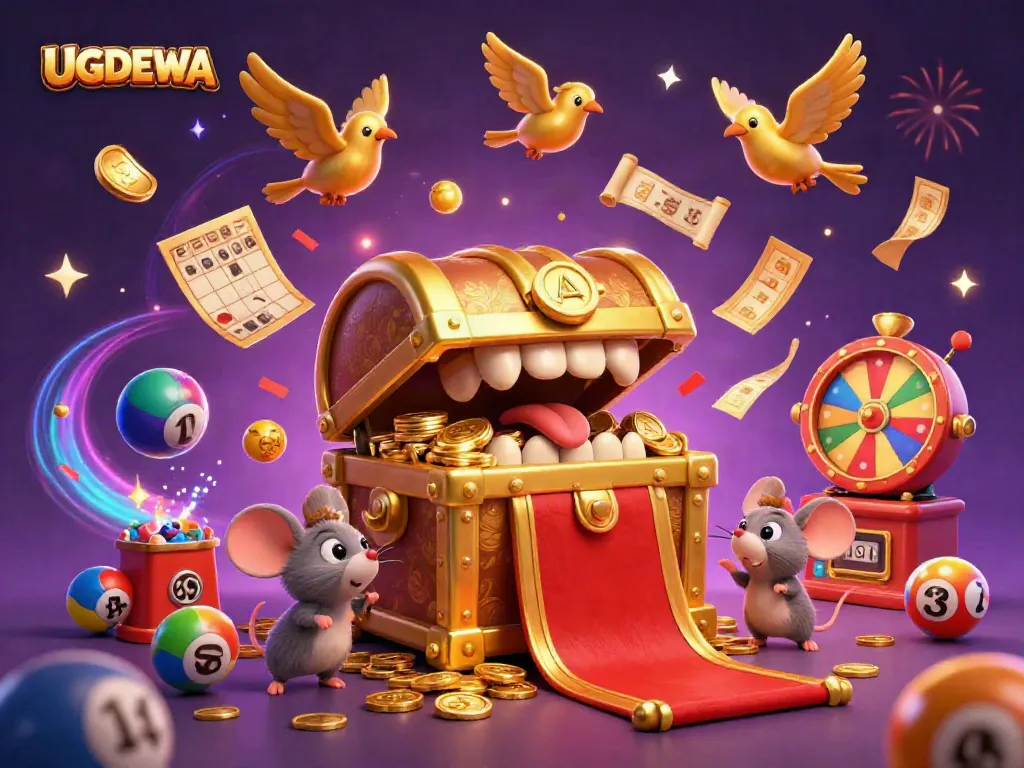 Engage with UGDEWA's thrilling digital entertainment featuring colorful lottery elements and a treasure chest mascot.