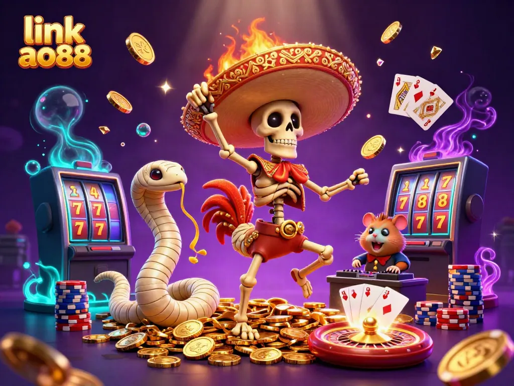 Experience the thrill of gaming with link ao88, featuring energetic characters in a vibrant casino scene.