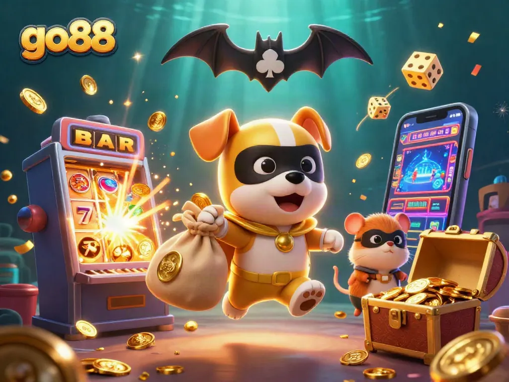Experience the excitement of go88 with a dynamic 3D casino-themed illustration featuring superheroes.