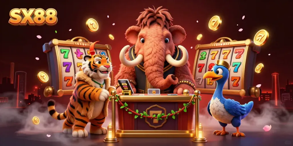 SX88 showcases a whimsical 3D casino scene with vibrant slot reels and dynamic characters engaging at the entrance.