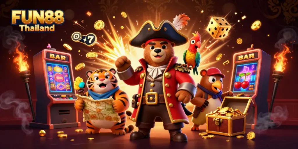Experience thrilling gameplay with FUN88 Thailand's vibrant 3D casino illustration featuring pirate-themed characters and dynamic game elements.