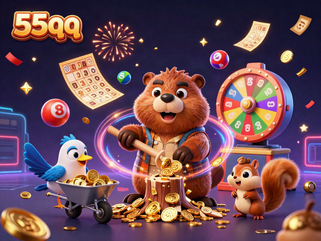Immerse yourself in the exciting world of 55qq with a playful scene of a beaver, bird, and squirrel celebrating gaming wins!