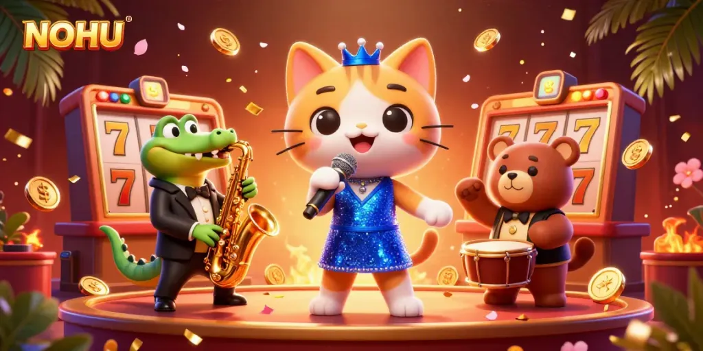 Engage with the vibrant world of NOHU featuring cartoon characters in an electrifying casino scene.